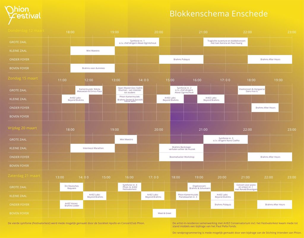 Timetable Blokkenschema Phion Festival Brahms - Muziekcentrum Enschede